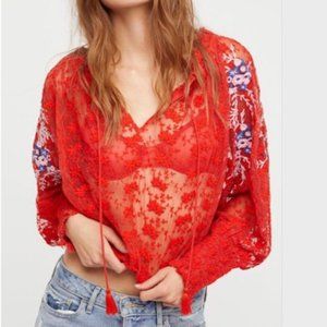 Free People - Jubilee Embroidered Lace Long Sleeve Top - Red - Size Medium